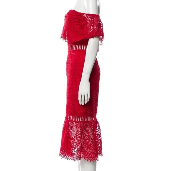 SAYLOR red lace off the shoulder midi dress, size M - Picture 3 of 9